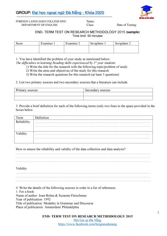 Đề thi Phương pháp nghiên cứu khoa học Research Methods END – TERM TEST 2015 page 1
