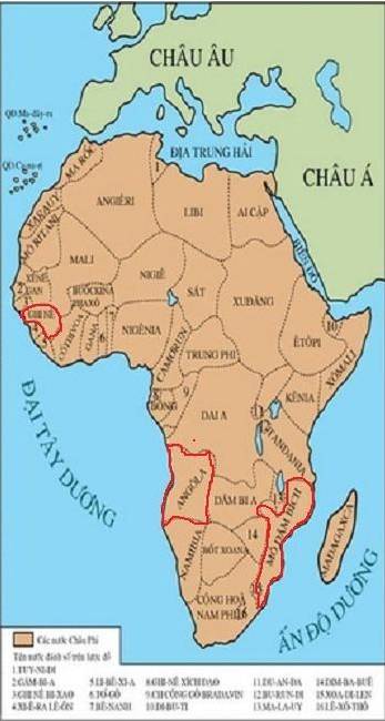Hãy xác định trên bản đồ châu Phi vị trí ba nước Ăng – gô – la